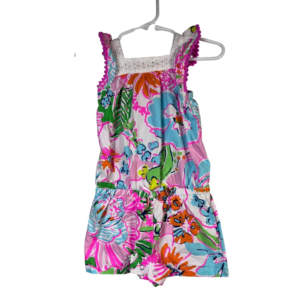Lilly Pulitzer Romper Baby Girls 18M Multicolor Excellent Floral Eyelet Pom Pom